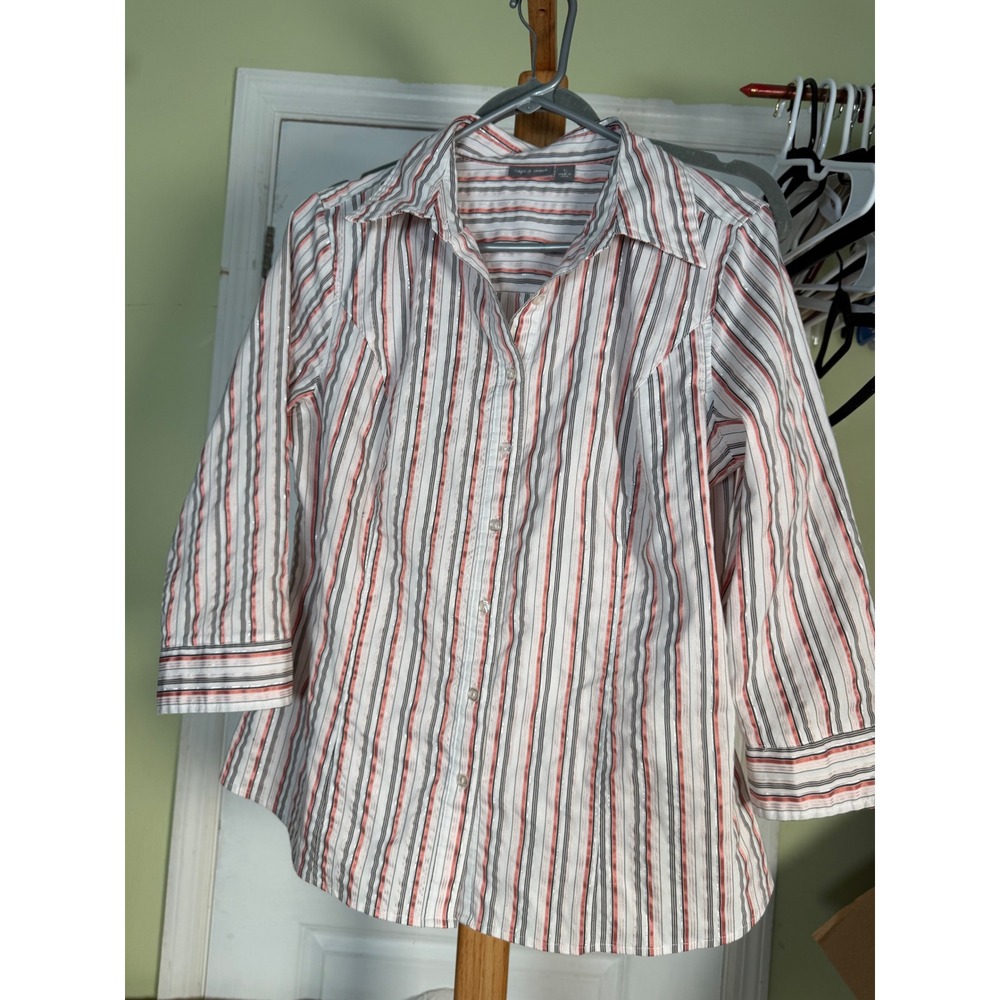 Apt. 9 Stretch Button Down Shirt Womens L Coral Black Silver Metallic Striped